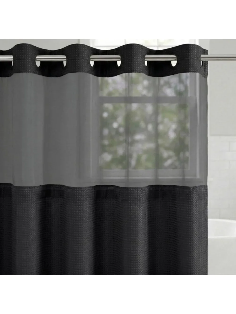 Water-Resistant 72x75 Waffle Shower Curtain with Sheer Panel & Durable Grommets